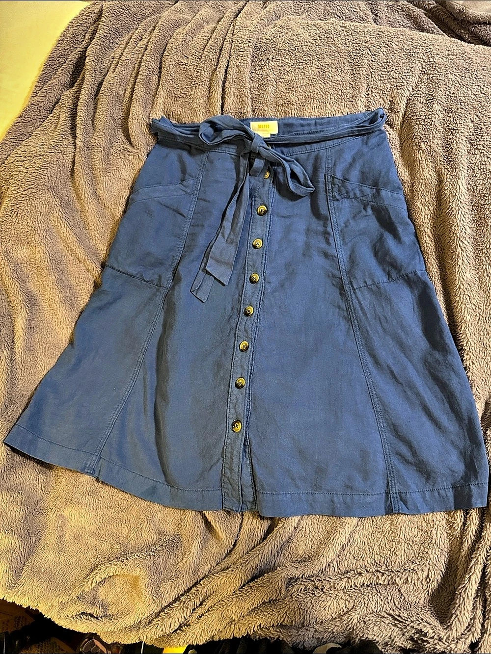 Maeve Button-Front A-Line Linen-Blend Skirt in Blue Size Medium
